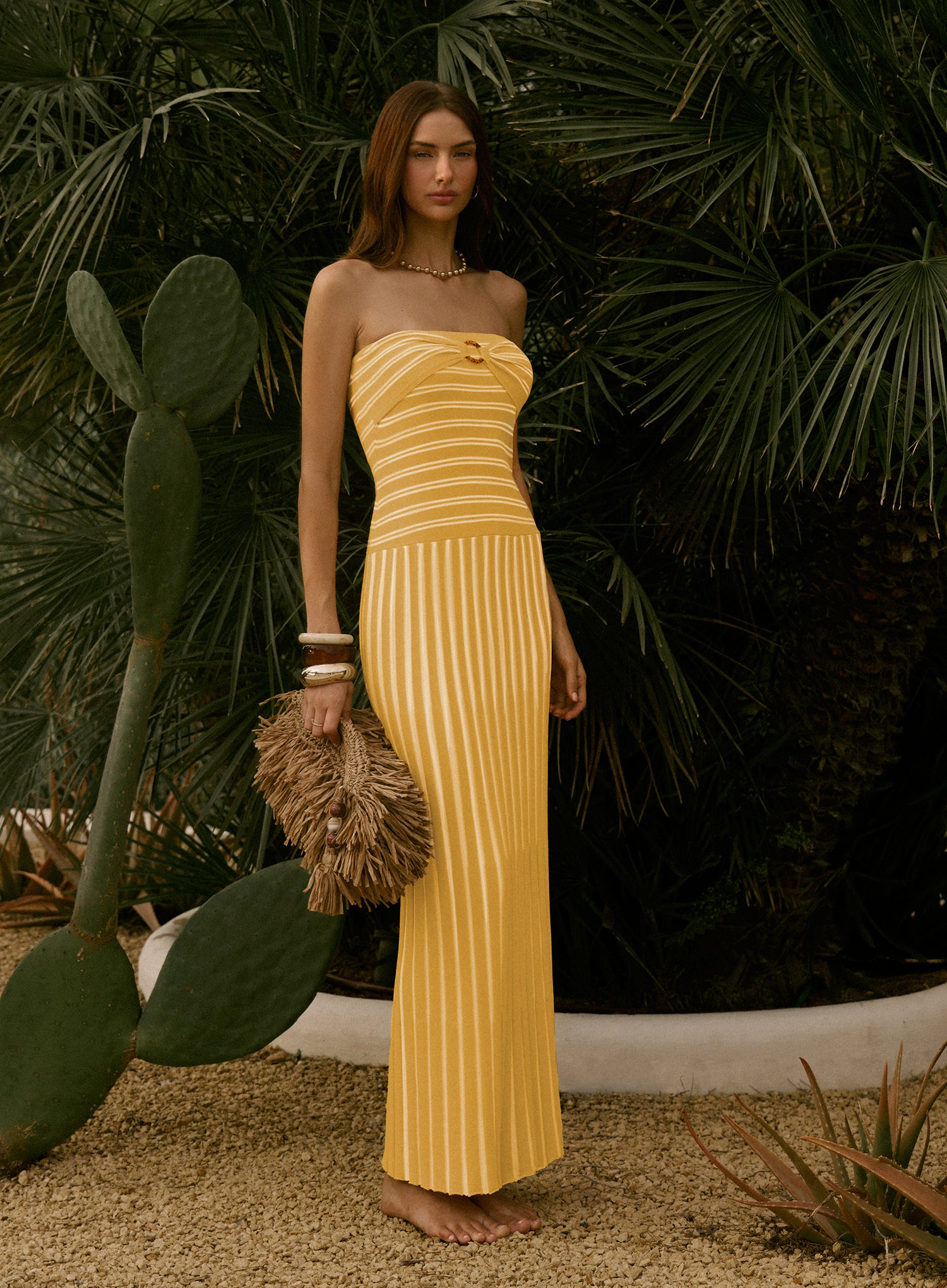 Yellow Stripe Knitted Bandeau Maxi Dress